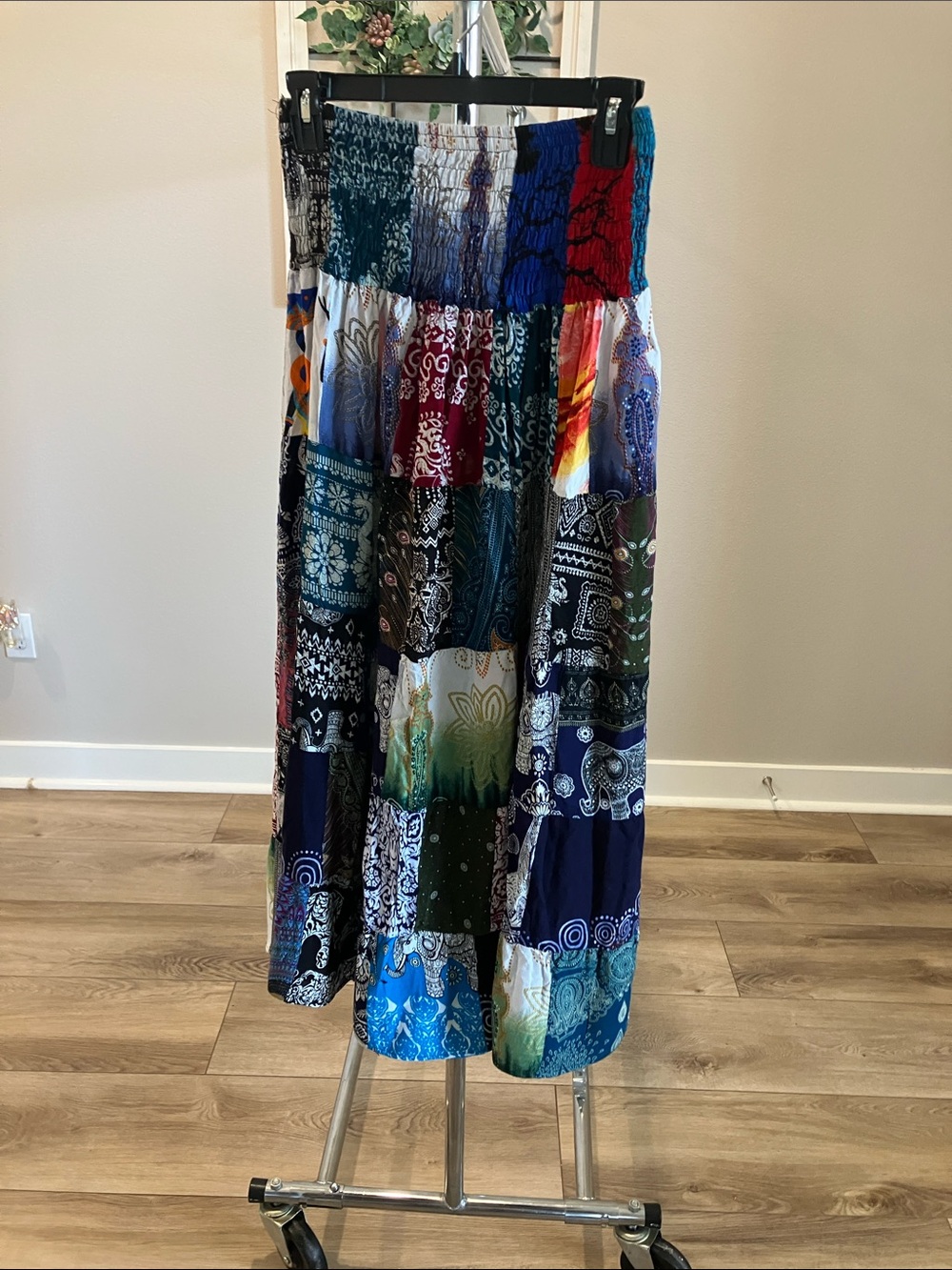 Multicolor Patchwork Maxi Skirt with Smocked Waist